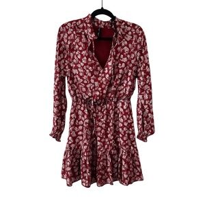 Mango Burgundy Floral Long Sleeve Ruffle Hem Dress size XS